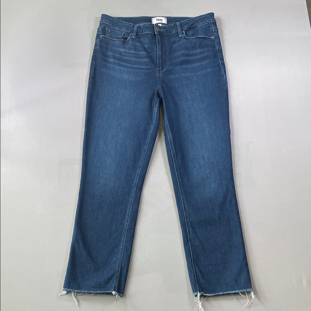 PAIGE “Cindy” Dark Wash Stretch High Rise Straight Leg Jeans Frayed Hem | 33